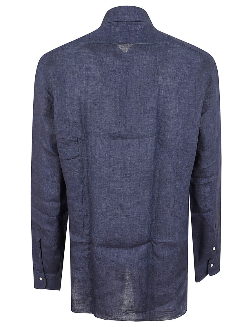Barba Napoli Navy Blue Linen Neck Shirt With Spread Collar