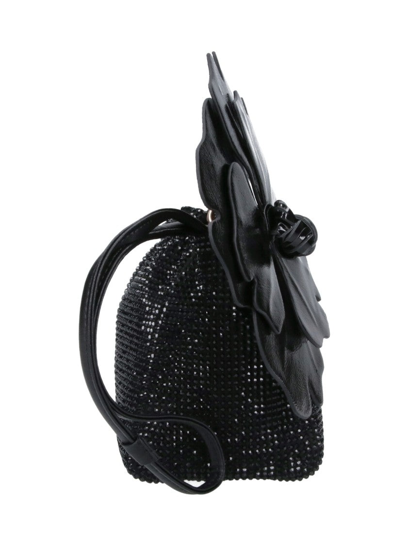 Pinko Black Rhinestone Flower Drawstring Fabric Clutch