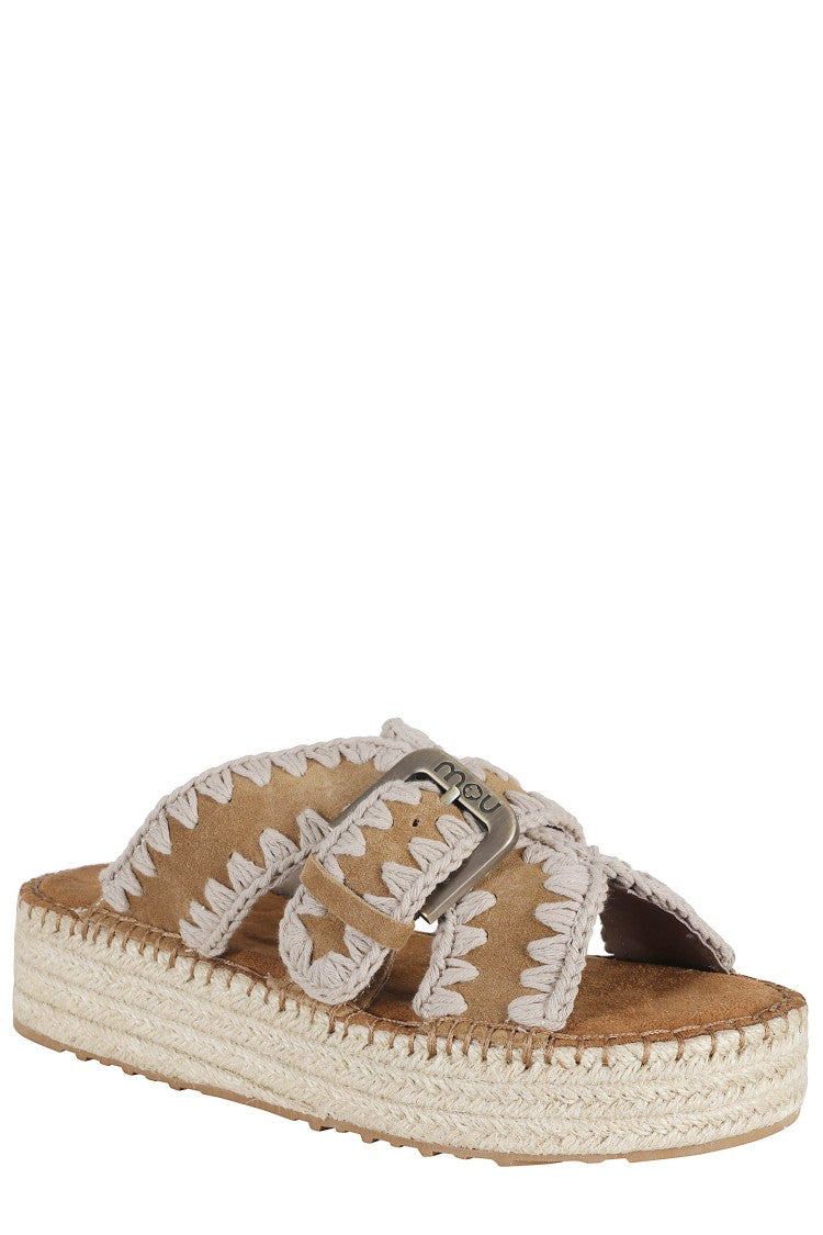 Mou Cognac Jute Crochet Trim Adjustable Strap Suede Sandals