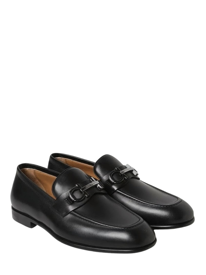 Ferragamo Black Calf Leather Loafers With Metal Bit Detail