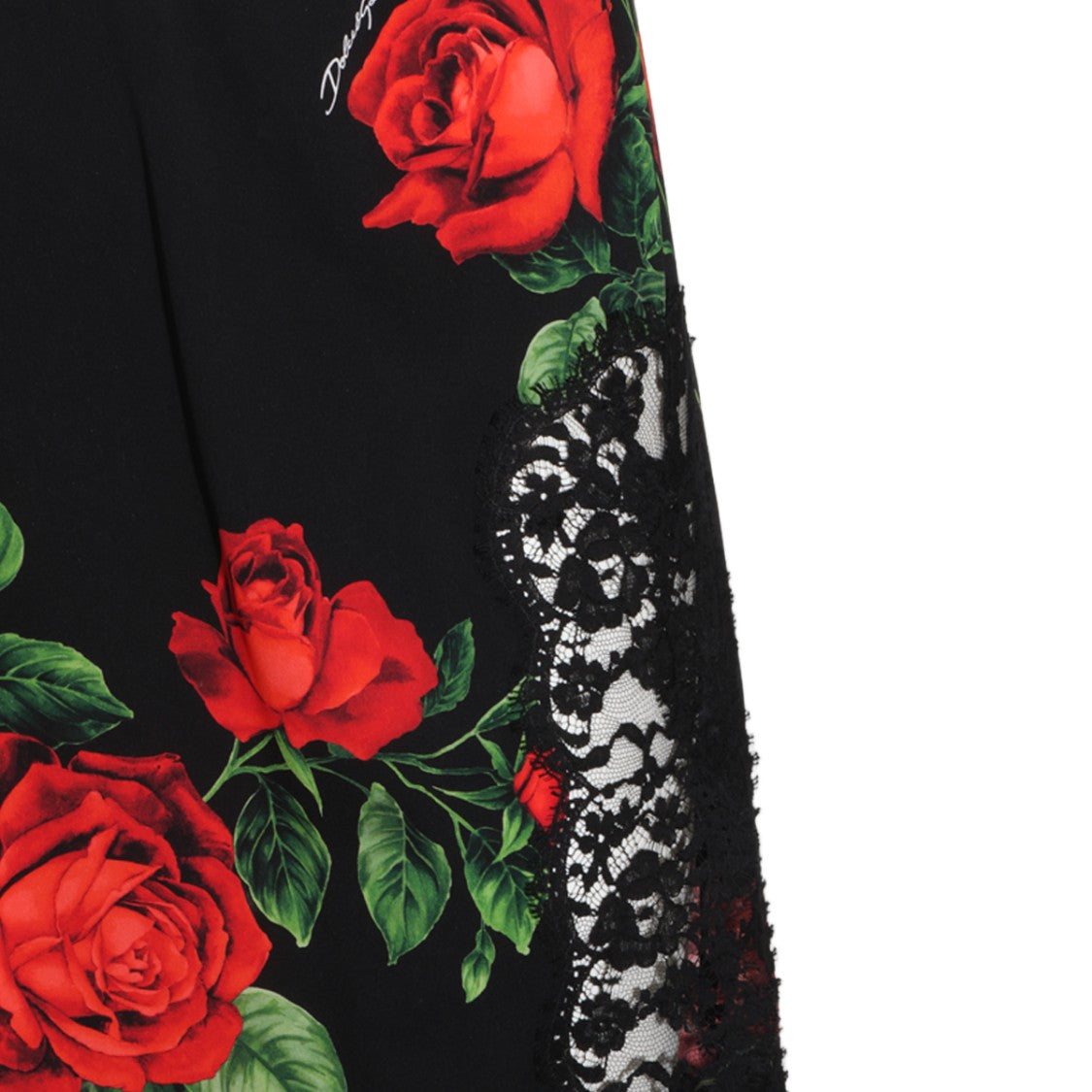 Dolce & Gabbana Black Floral Print Lace Trim Midi Skirt