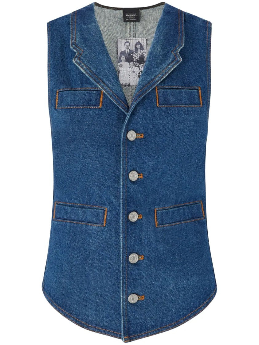 Pinko Tailored Denim Vest With Notched Lapel And Flap Pockets