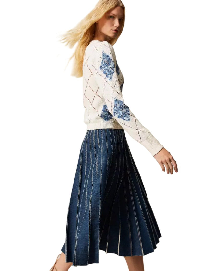 Twin-Set Pleated Denim Perforated Flared Maxi Skirt
