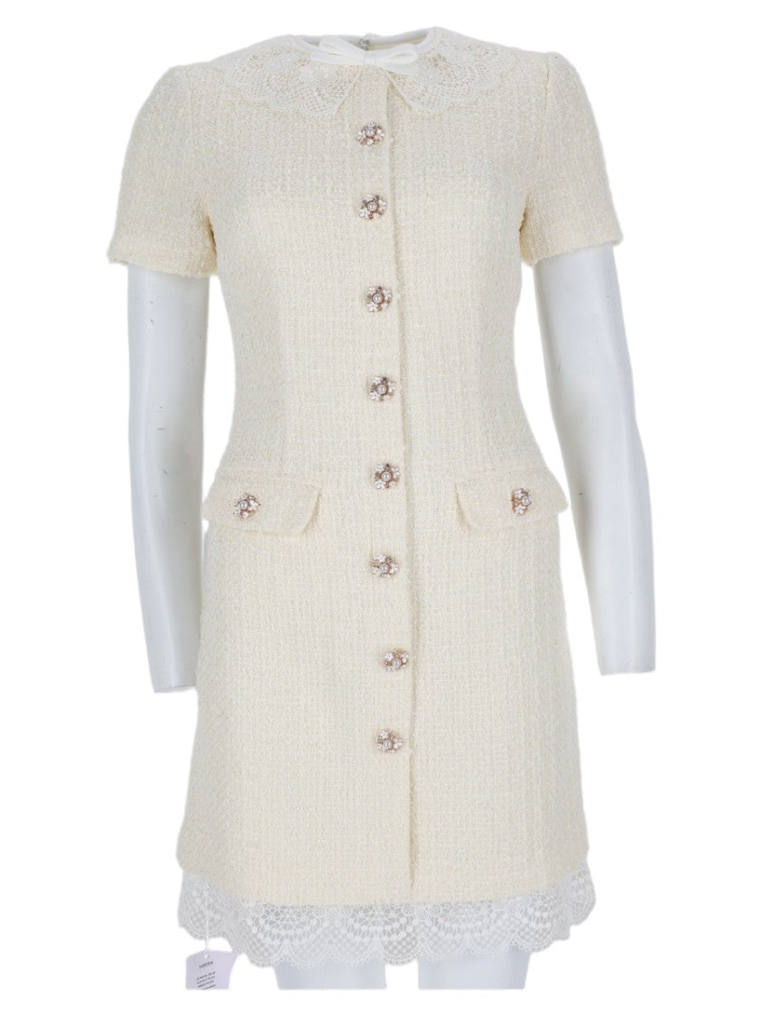 Self-Portrait Textured Mini Dress With Lace Trim And Buttoned Front