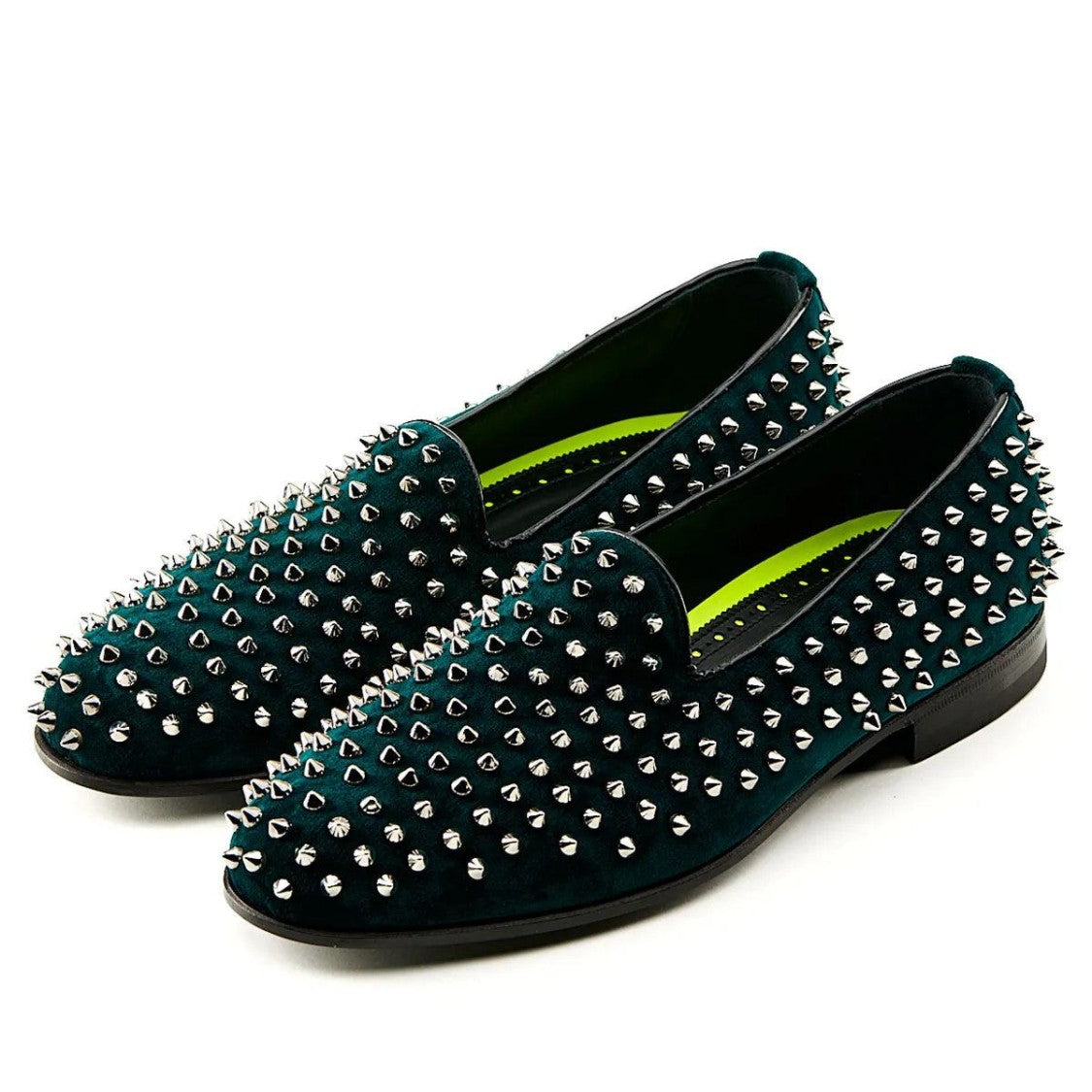 Mimanera Green Studded Velvet Frontman Loafer Shoes