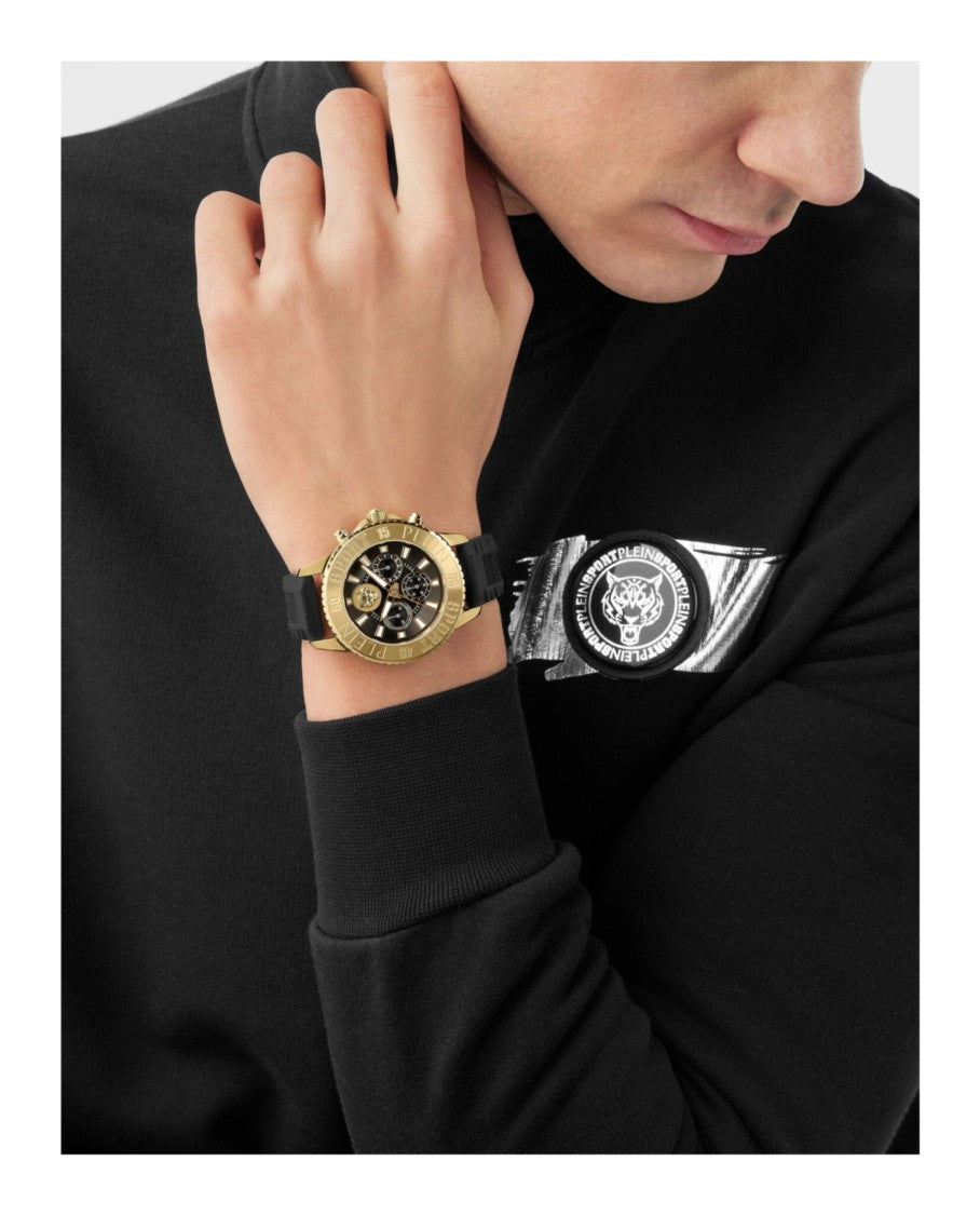 Plein Sport Chronograph Ip Yellow Gold Watch With Textured Black Silicone Strap