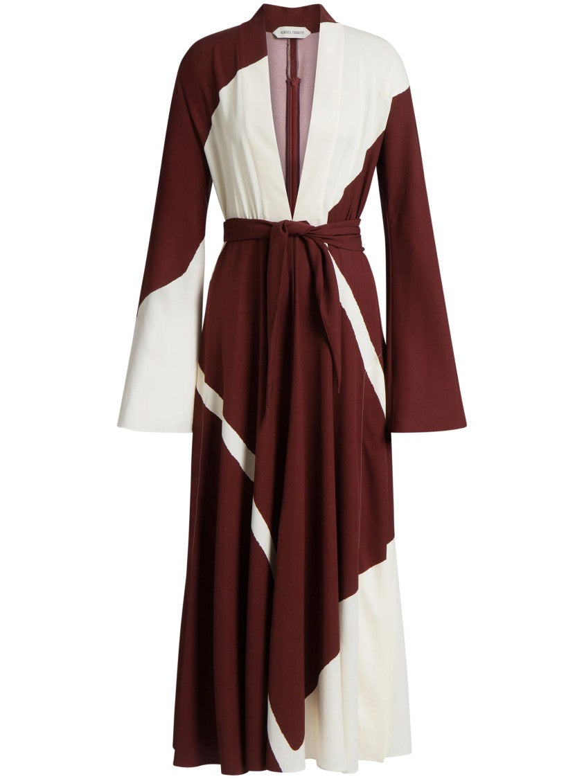 Alberta Ferretti Belted Burgundy Midi Dress With Geometric Color-Block Pattern