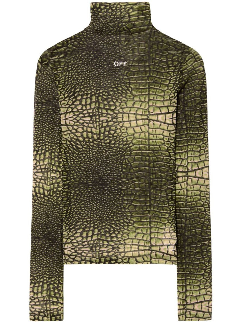 Off-White High-Neck T-Shirt With Crocodile Skin Print