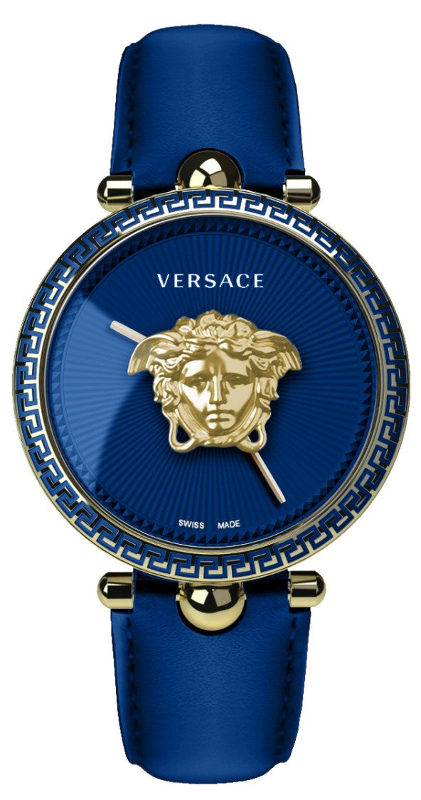 Versace Gold-Tone Stainless Steel Versace Watch With Blue Dial And Calf Leather Strap