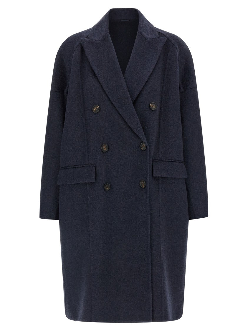 Brunello Cucinelli Double-Breasted Black Cashmere Coat With Peak Lapels