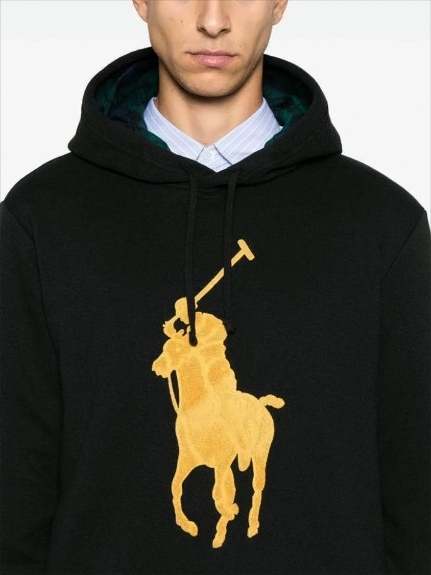 Polo Ralph Lauren Black Hoodie With Bold Yellow Polo Graphic And Plaid Lining