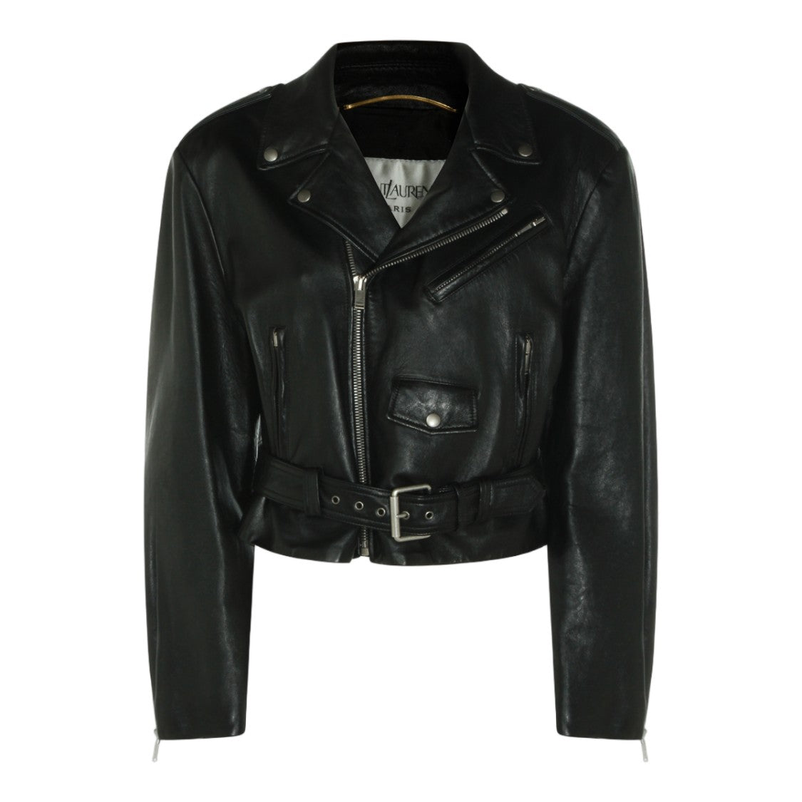 Saint Laurent Cropped Black Leather Jacket With Asymmetrical Zipper