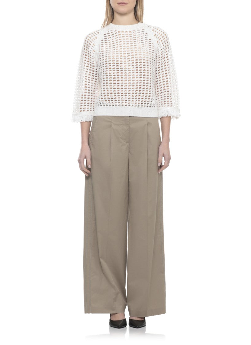 Peserico Ivory Cotton Sequin Perforated Sweater