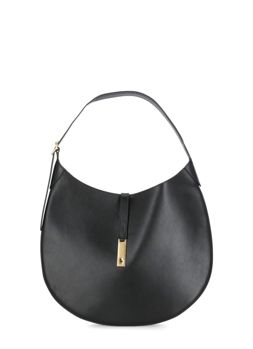 Polo Ralph Lauren Crescent-Shaped Black Leather Shoulder Bag With Adjustable Strap