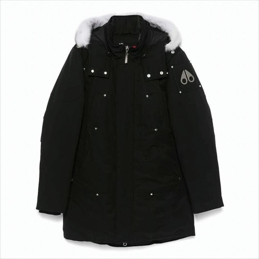 Moose Knuckles Hooded Long Black Padded Coat With Fur Trim And Multiple Pockets
