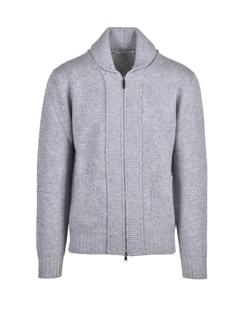 Kangra Light Grey Wool Zip Jacket With Textured Knit And Ribbed Details