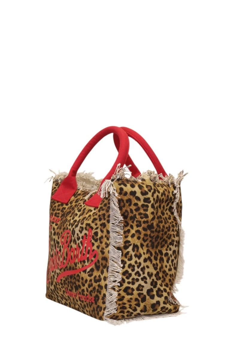 Mc2 Saint Barth Fringed Leopard Print Tote Bag With Red Accents