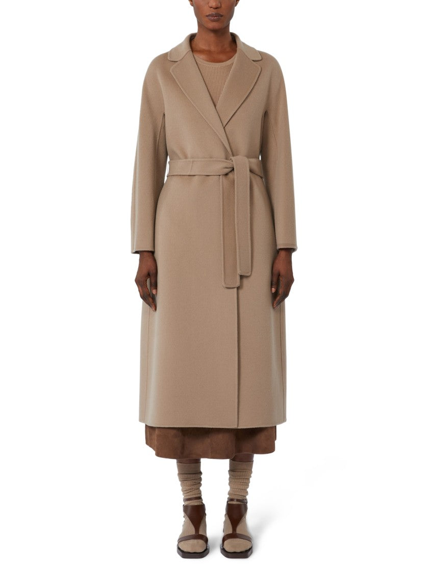 Max Mara Dove Grey Long Coat With Belted Waist And Classic Lapel