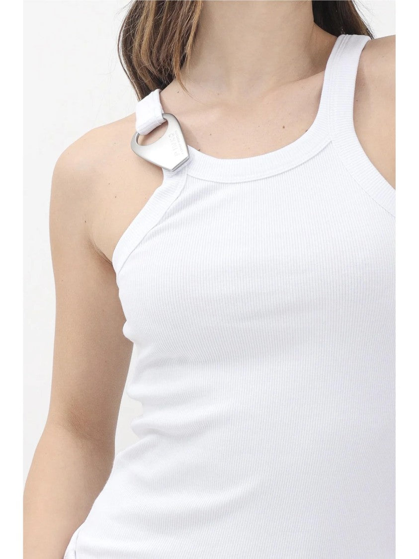 Reimagine Pinko X Mcdowell White Asymmetrical Buckle Stretch Cotton Tank Top