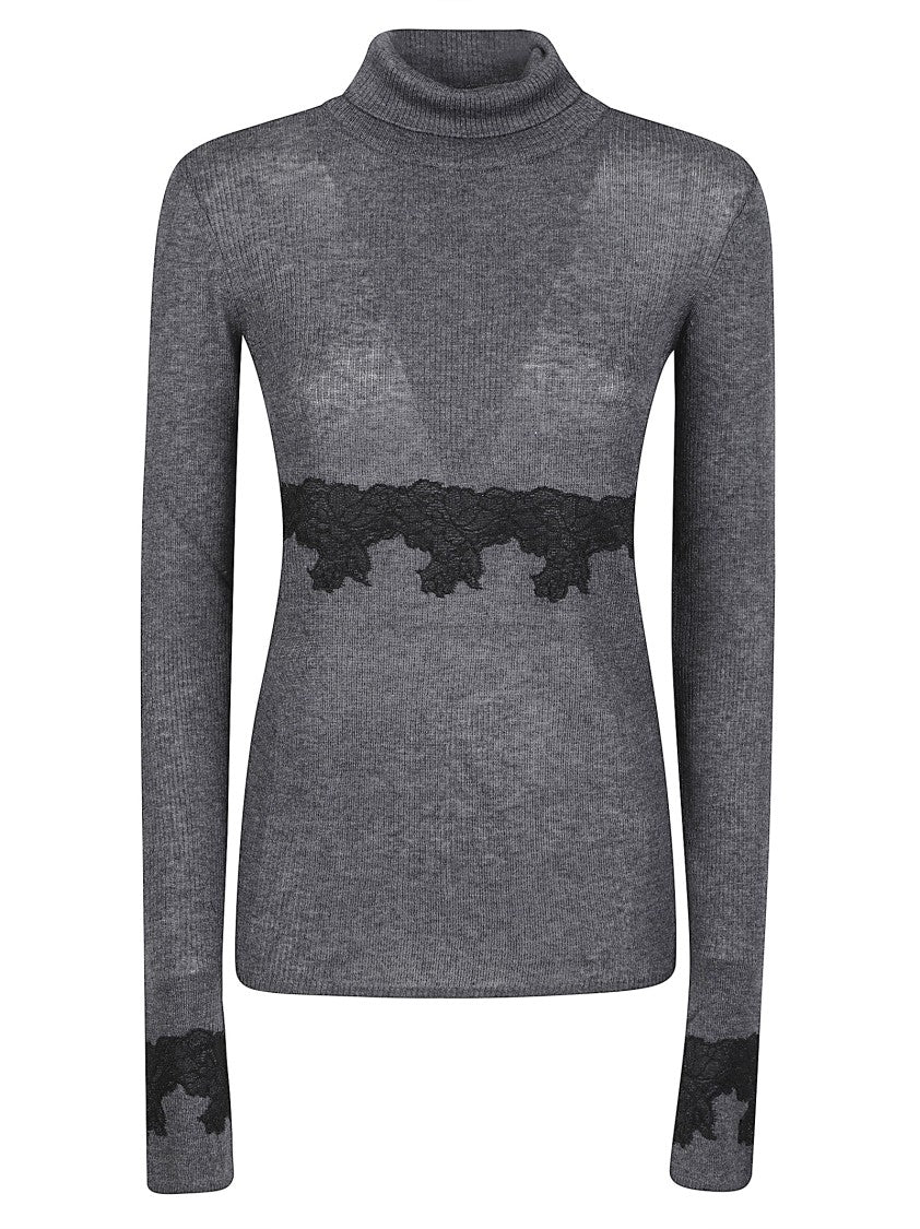 Patrizia Pepe Grey Viscose-Blend Lace Accent Crewneck Sweater