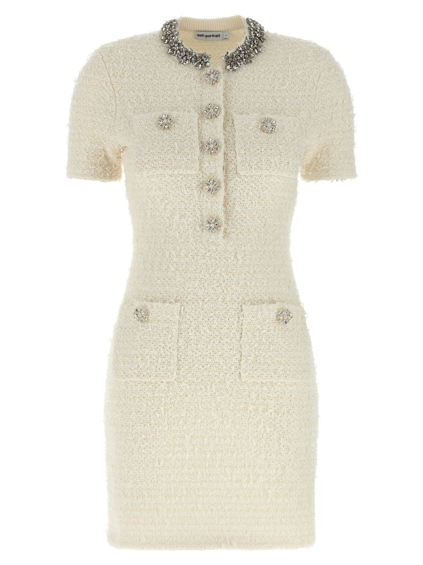 Self-Portrait Mini Dress With Knit Tweed Texture And Crystal Accents