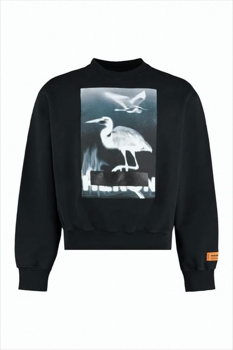 Heron Preston Cropped Black Sweatshirt With Heron Graphic And Label Detail