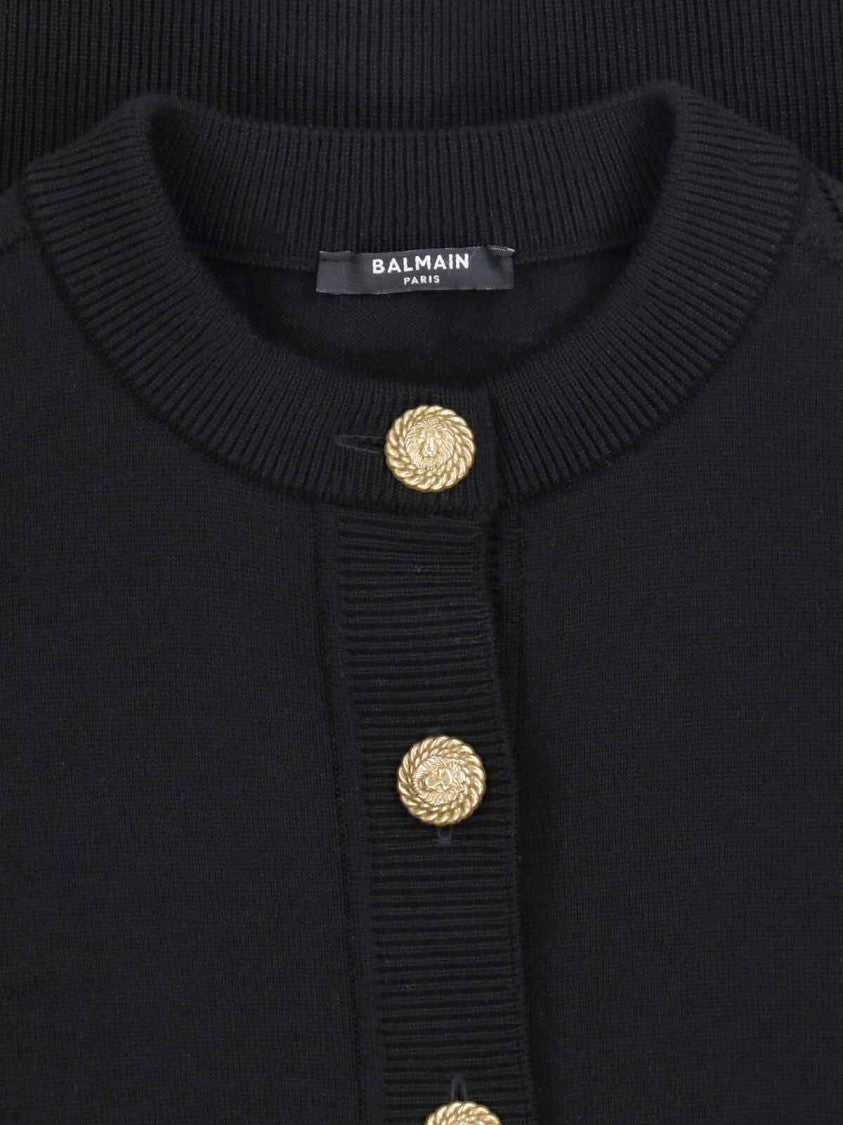 Balmain Black Crewneck Gold Button Virgin Wool Cardigan