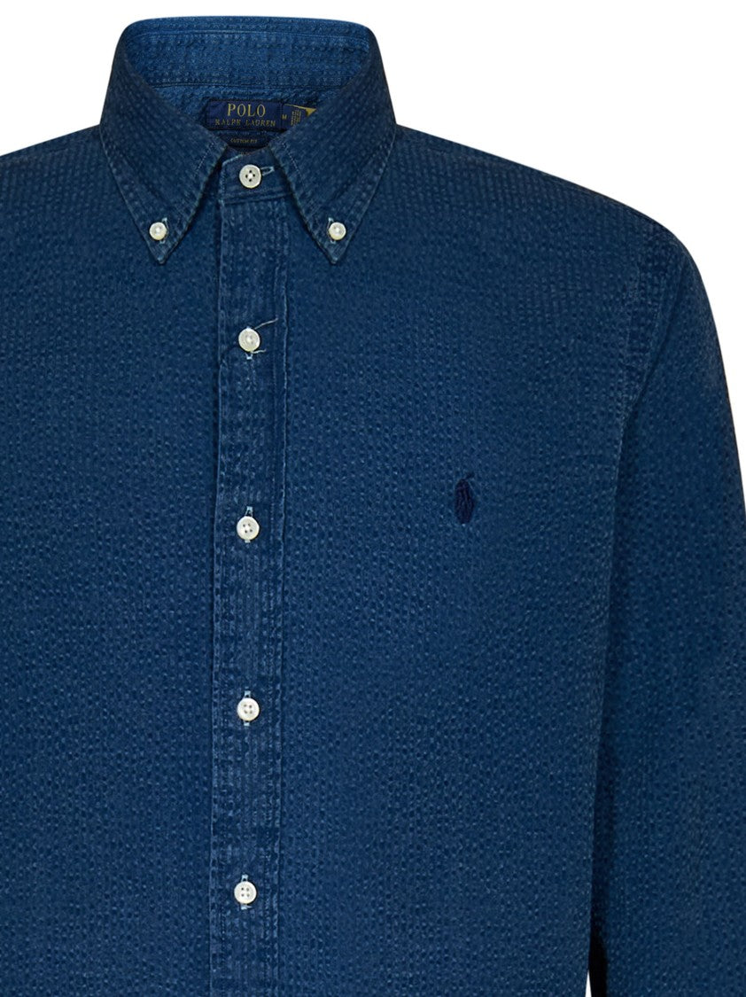 Polo Ralph Lauren Indigo Striped Seersucker Cotton Custom-Fit Shirt