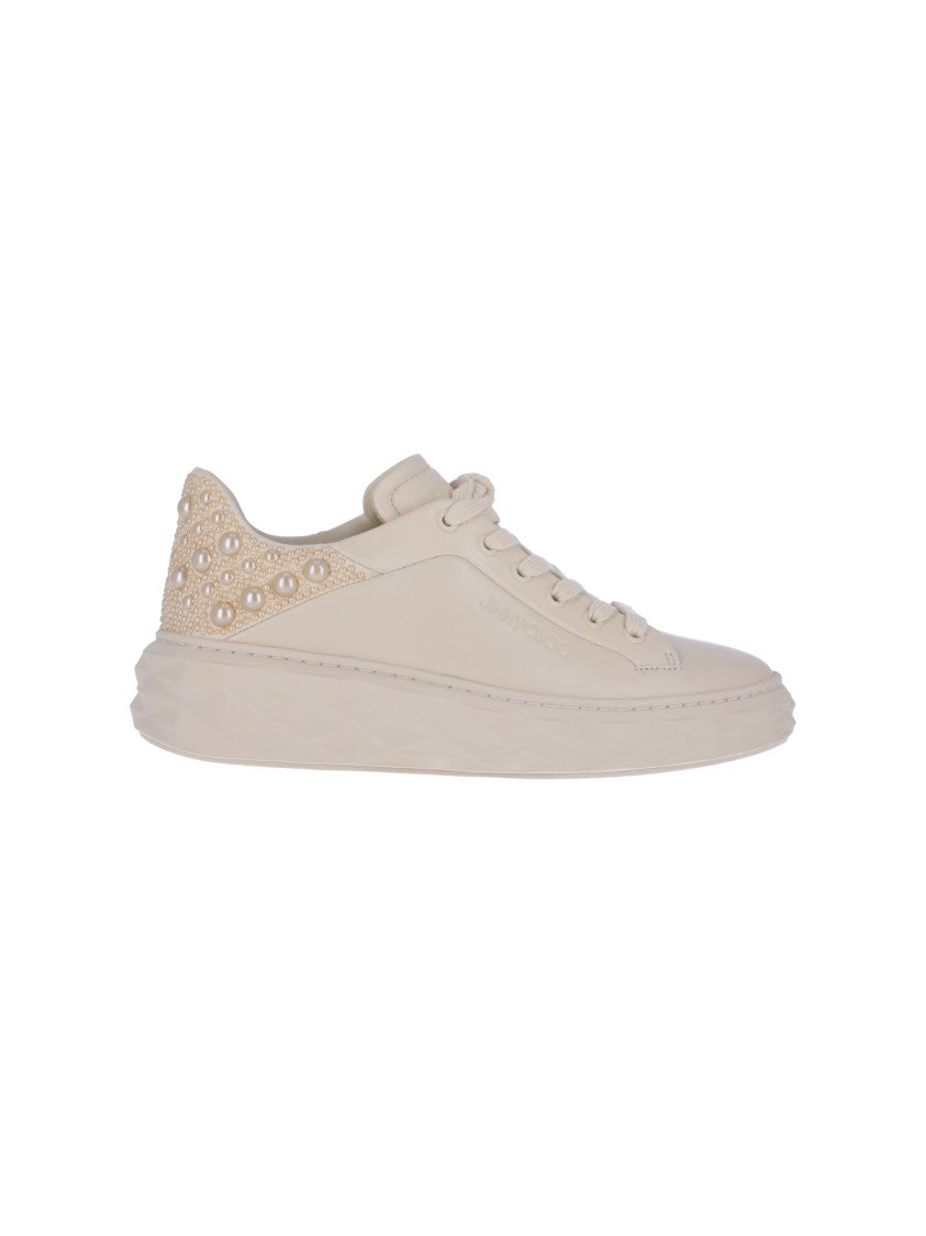 Jimmy Choo Cream Leather Textured Sole Pearl Detail Sneakers