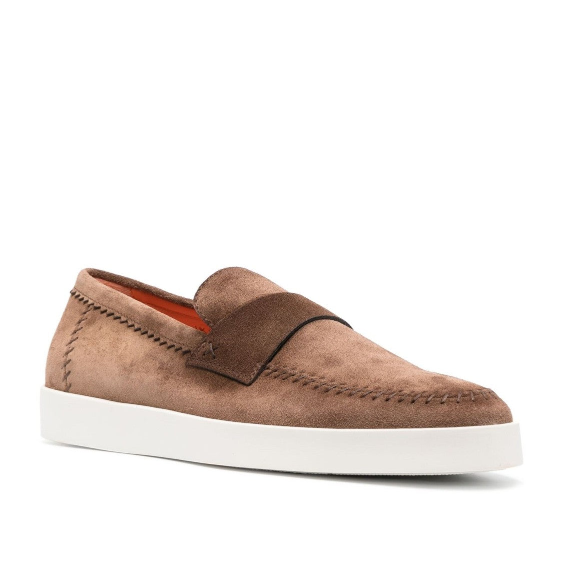 Santoni Brown Detailed Stitching Leather Loafers