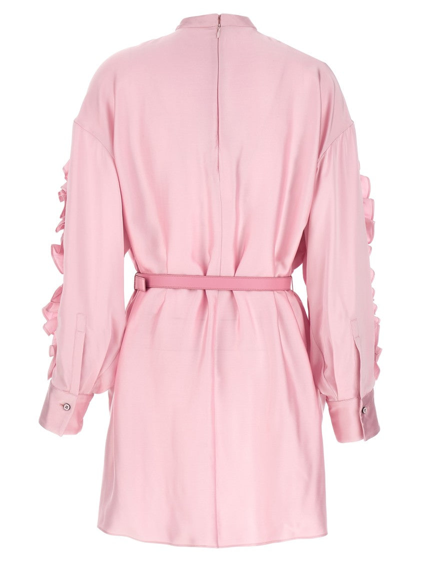 Jil Sander Ruffle Appliqué Satin Dress With High Collar