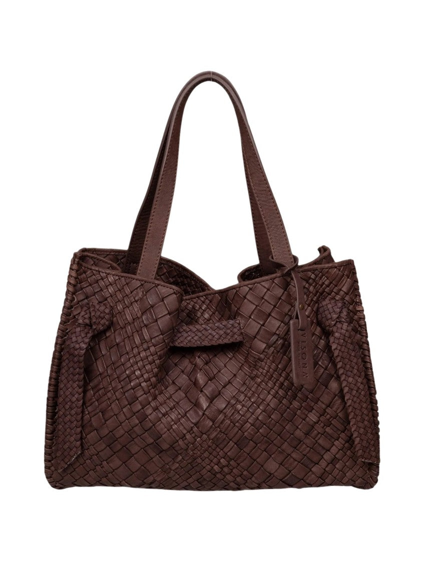 Visona` Woven Leather Shoulder Bag With Adjustable Strap And Bronze Accents