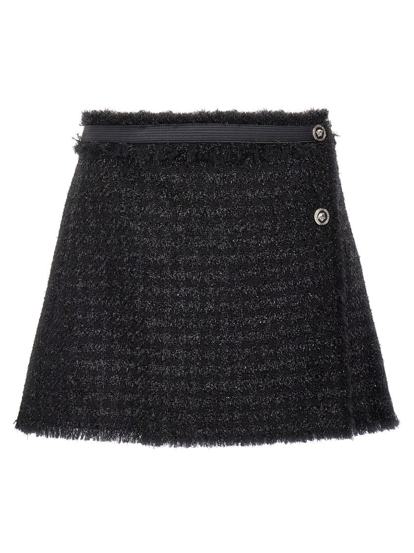 Versace A-Line Lurex Wool Blend Skirt With Medusa Button Closure