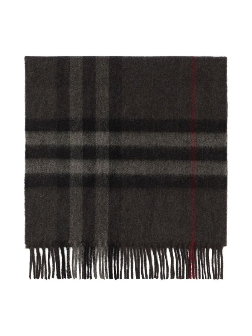 Burberry Grey Check Pattern Cashmere Fringing Scarf