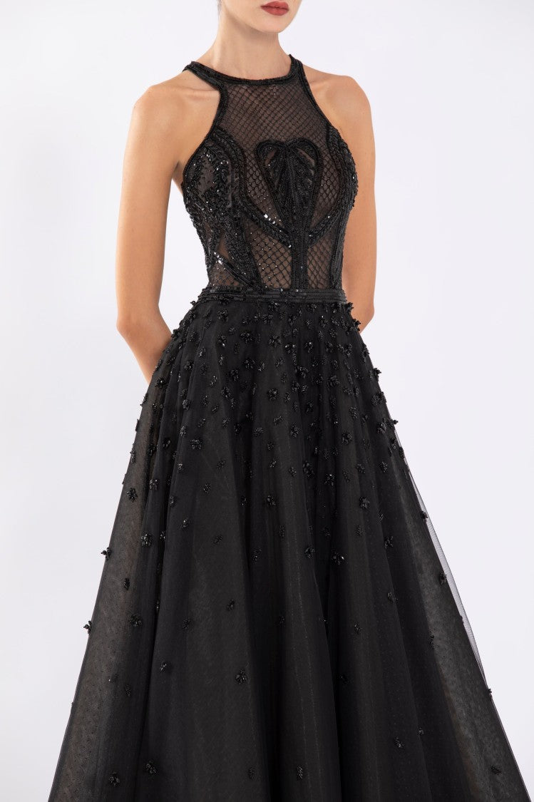Saiid Kobeisy Tulle Beaded Dress With Halter Neckline