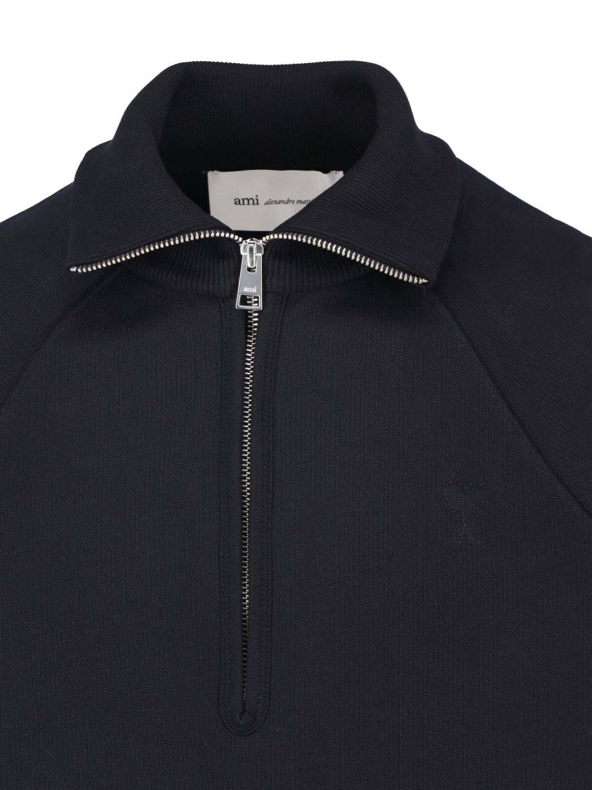 Ami Paris Black Cotton Half-Zip Sweatshirt