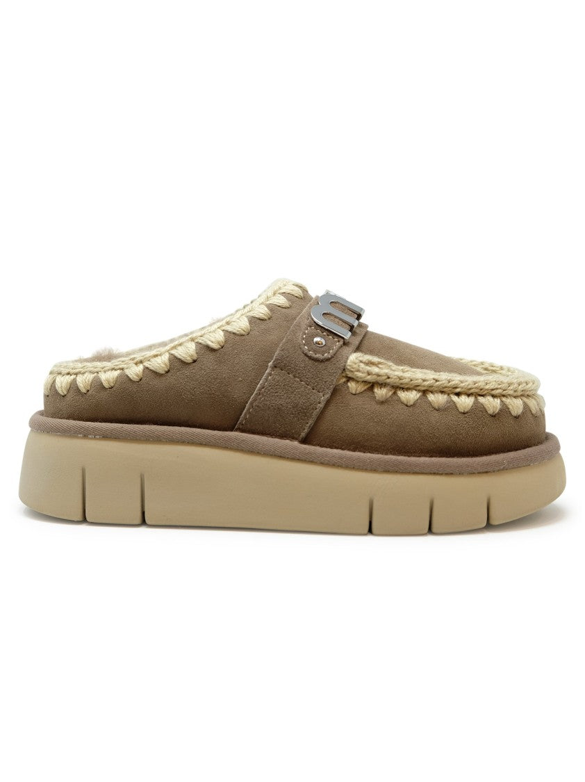 Mou Grey Bounce Metal Logo Leather Wool Rubber Clog