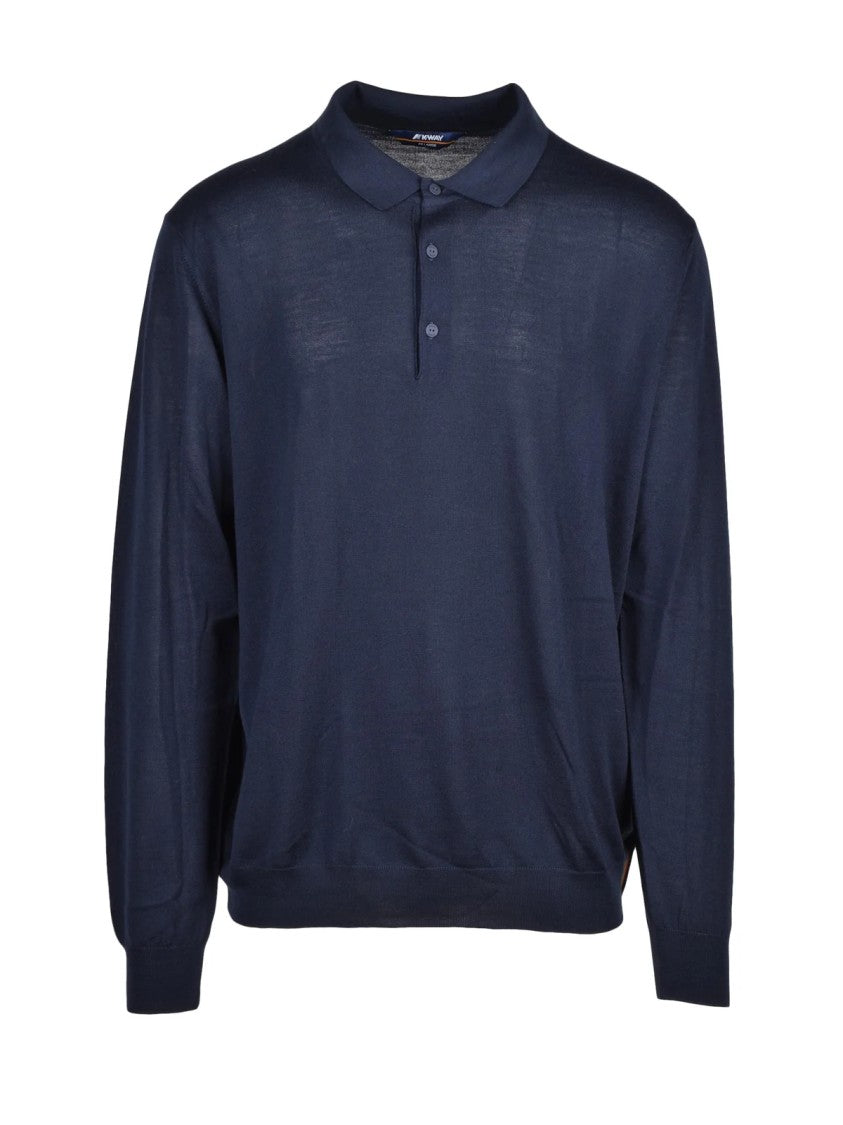 K-Way Blue Collared Virgin Wool-Blend Knit Polo Shirt
