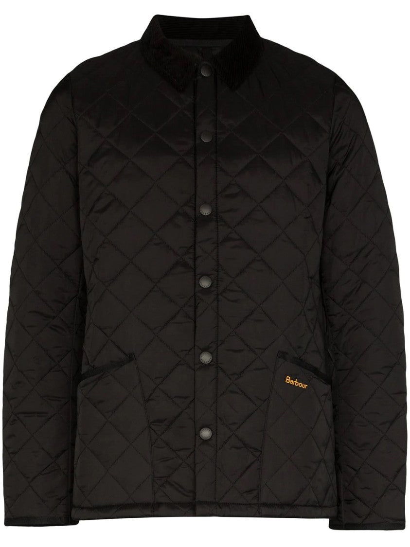Barbour Quilted Black Down Jacket With Corduroy Collar