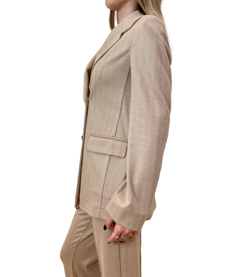 Max Mara Double-Breasted Beige Herringbone Jacket With Wide Lapels