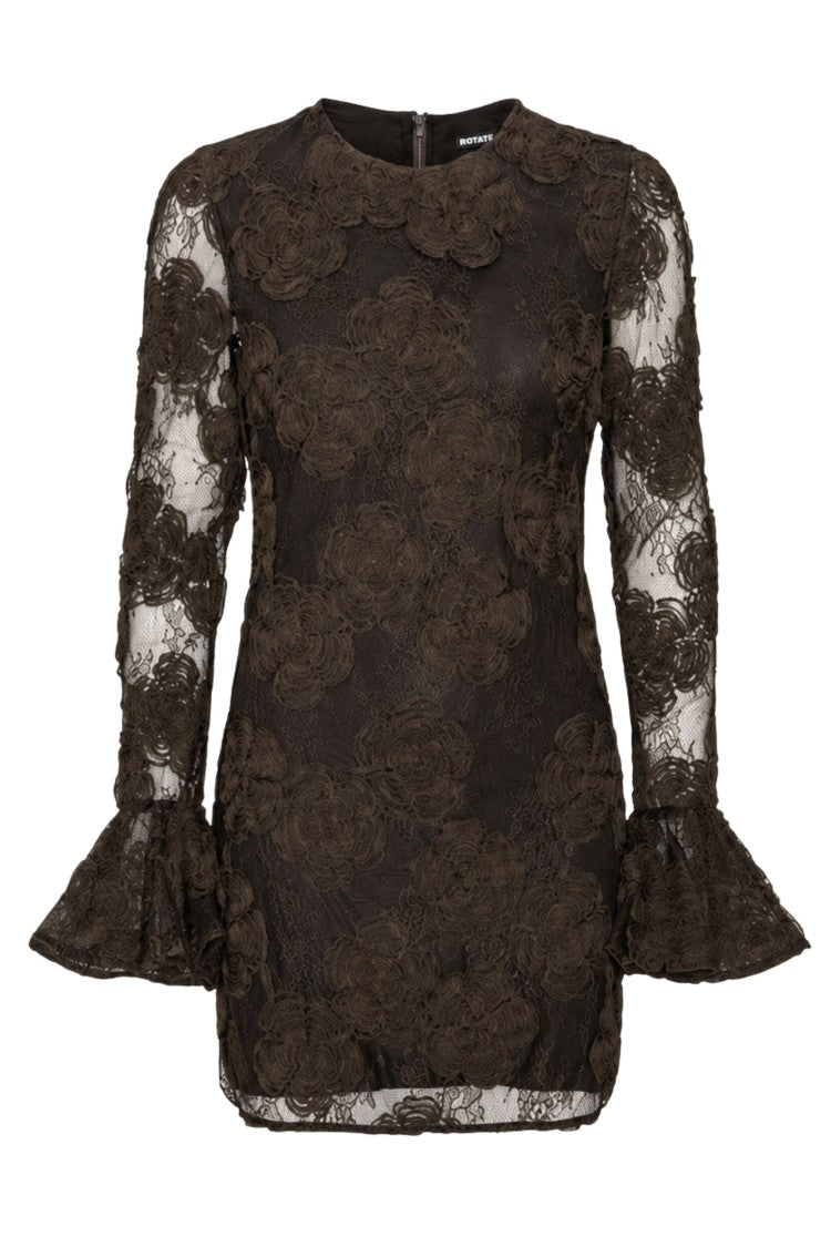 Rotate Brown 3D Floral Flared Cuffs Mini Dress