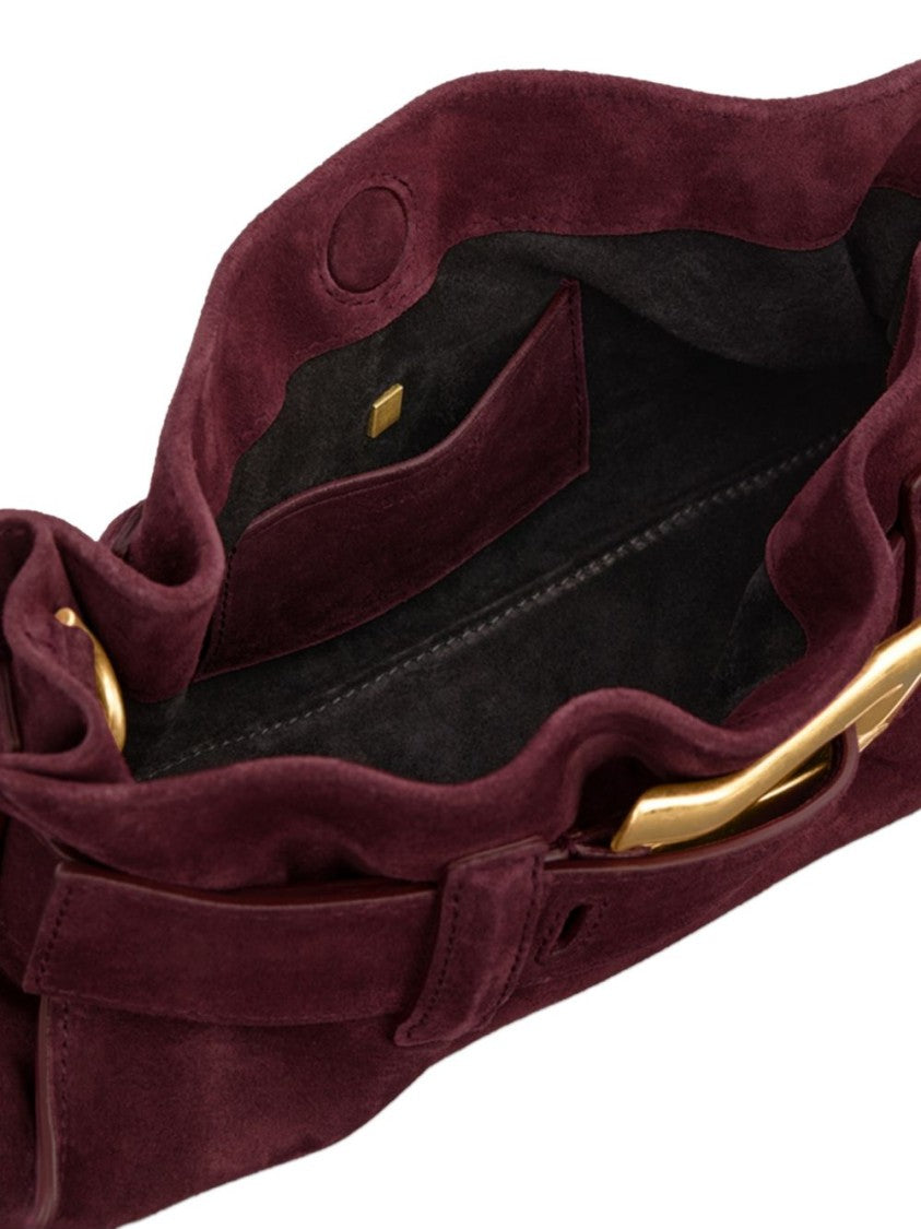 Balmain Burgundy Suede Shoulder Bag With Oversized Gold Buckle