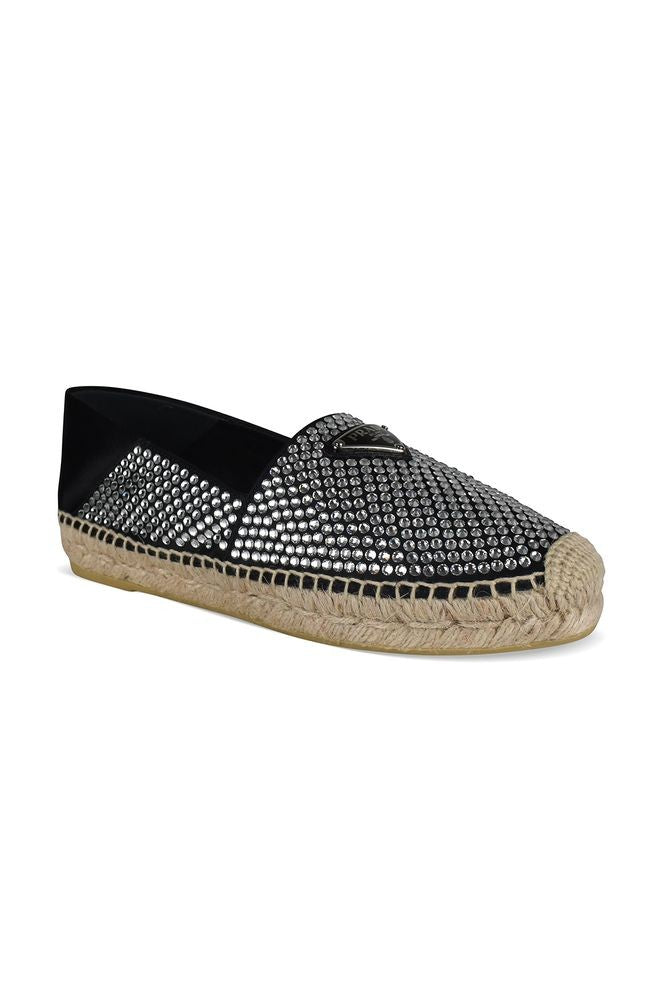 Prada Black Canvas Espadrilles With Crystal Embellishments