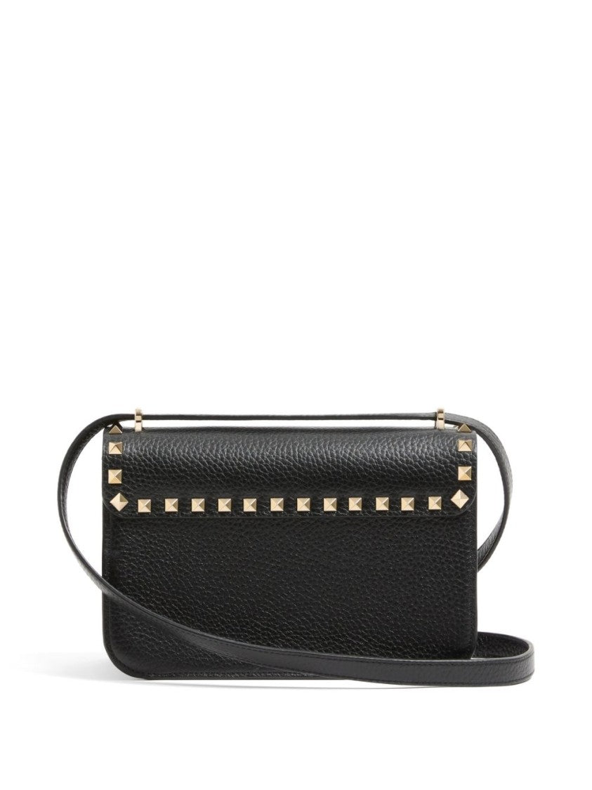 Valentino Garavani Black Textured Leather Pyramid Studs Shoulder Bag