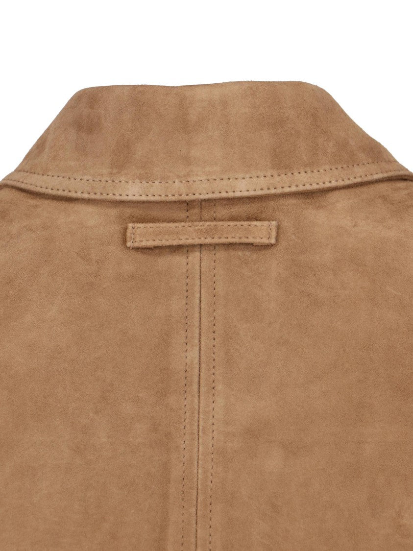 Low Classic Cropped Brown Goat Leather Suede Jacket With Classic Collar