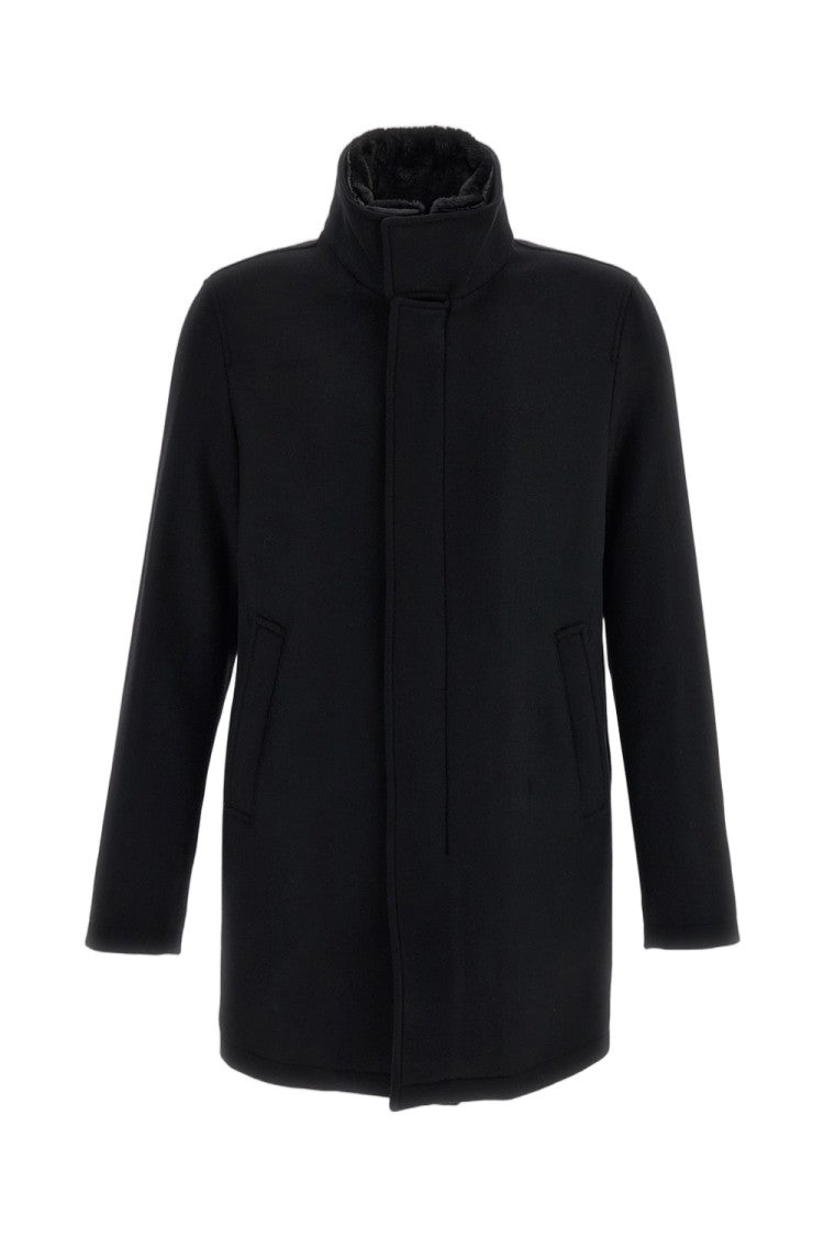 Herno Black Ecowool Virgin Wool Detachable Faux Fur Coat