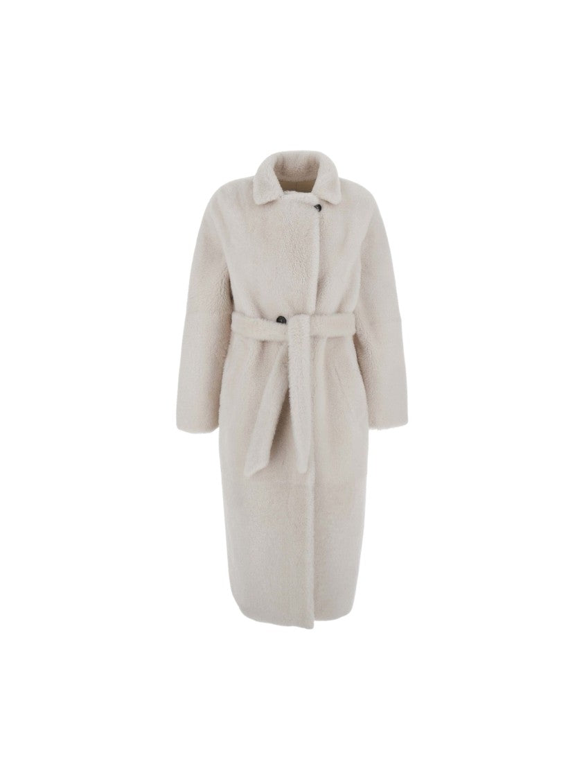 Suprema White Shearling Belted Coat