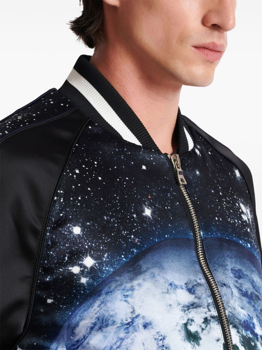Balmain Black Graphic Earth Print Bomber Jacket