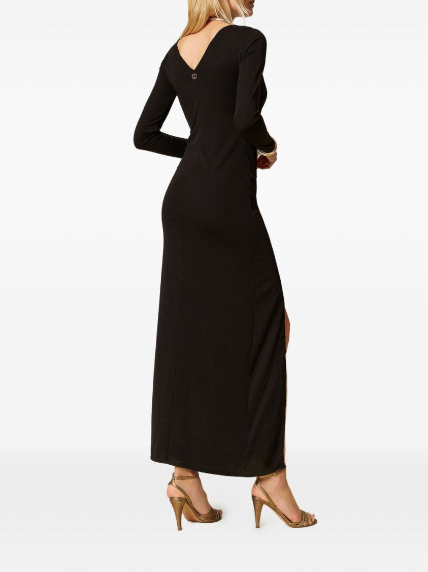 Twin-Set Long Black Dress With Ruched Detailing