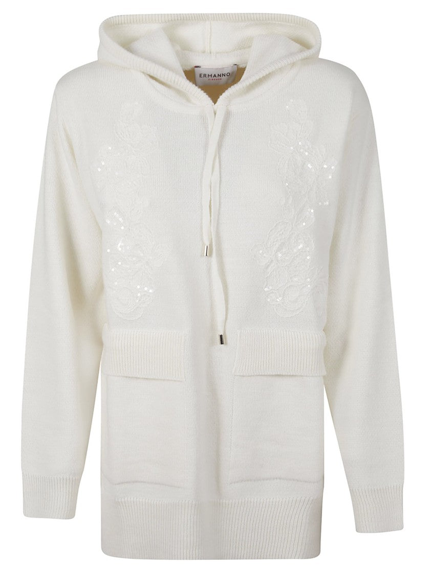 Ermanno Firenze Soft Hooded Sweater With Floral Embroidery